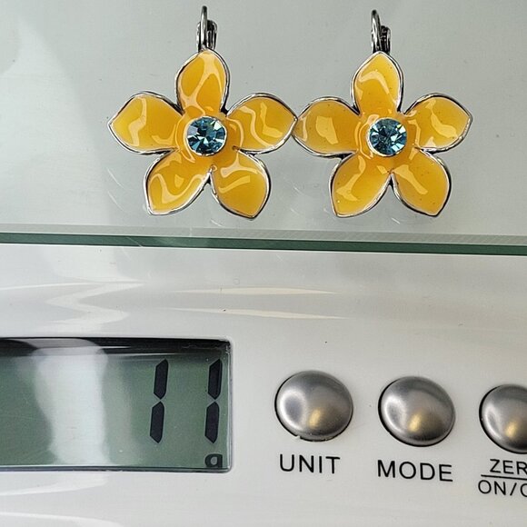 Yellow Enamel Flower Earrings with Blue Rhinestone - Picture 4 of 10